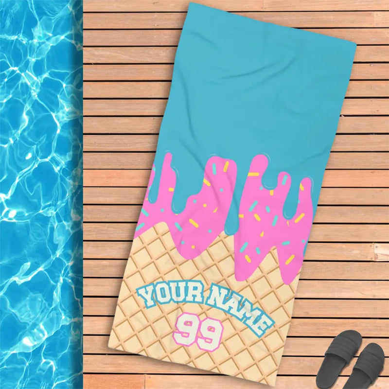 Ice Cream Drip Beach Towel Baseball Player Gift Cotton Candy Personalized Name Team
