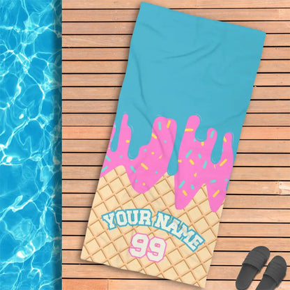 Ice Cream Drip Beach Towel Baseball Player Gift Cotton Candy Personalized Name Team