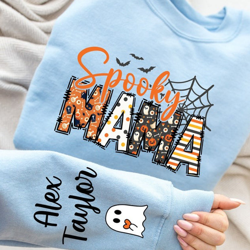 Custom Halloween Spooky Mama Sweatshirt with Kids Name on Sleeve Sweatshirt