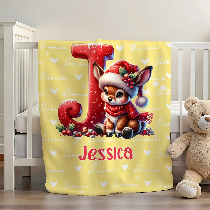 Personalized Santa Hat Snowman Penguin Initial Word Cloud Blanket