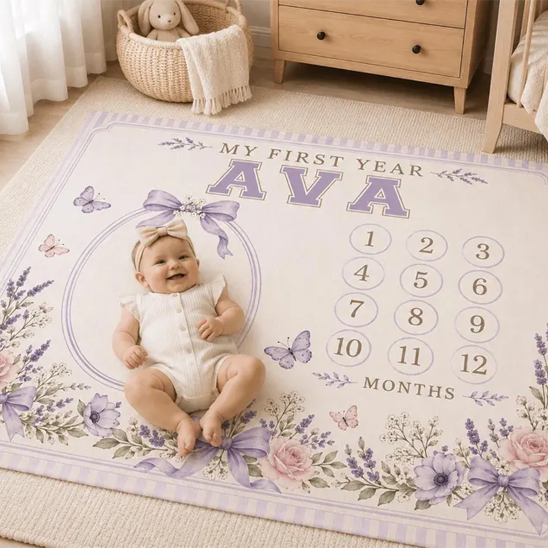 Personalized Lavender Baby Milestone Blanket, Baby Girl Monthly Milestone Blanket