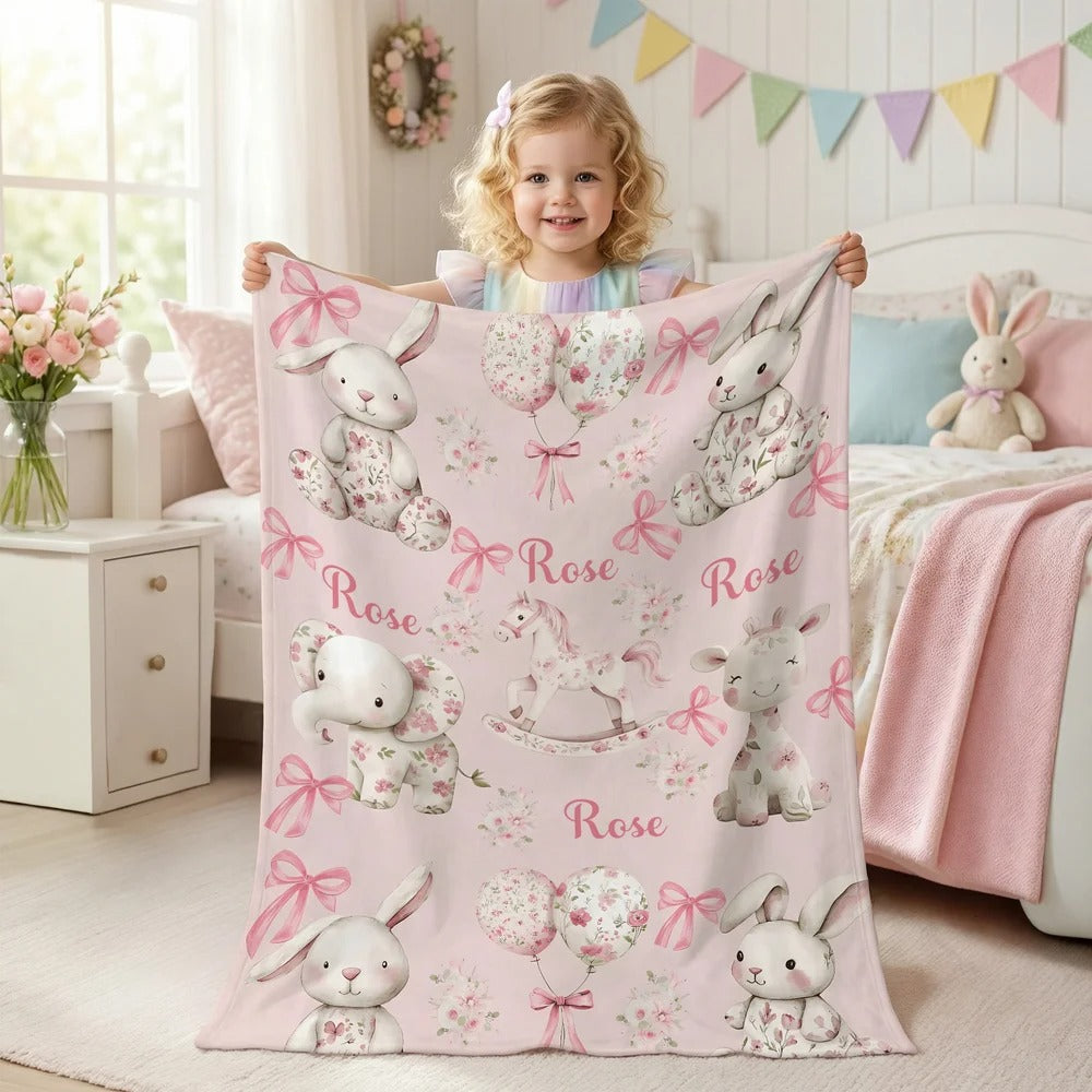 Personalized Floral Bunny Elephant Ponny Pink Soft Throw Blanket