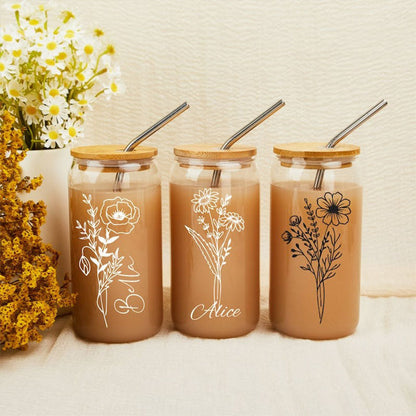 Custom Name Cup With Birth Flower,Birth Month Iced Coffee Cup