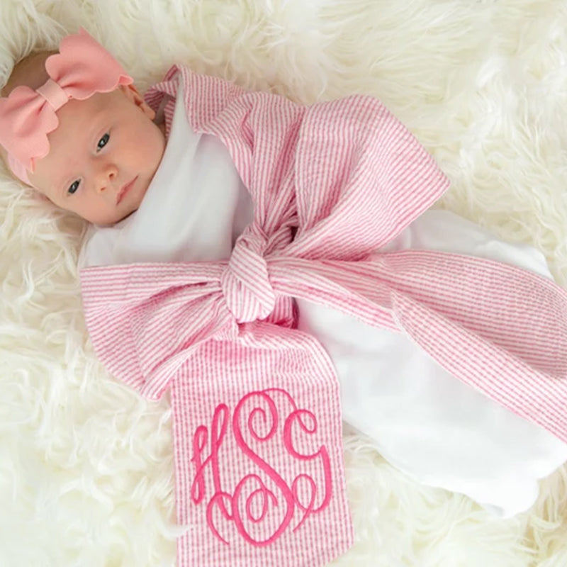 Monogrammed Newborn Infant Baby Seersucker Bow Sash Blanket