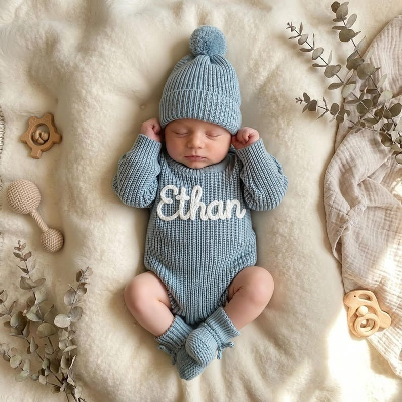 Hand Embroidered Name Baby Romper Set,Personalized Outfit