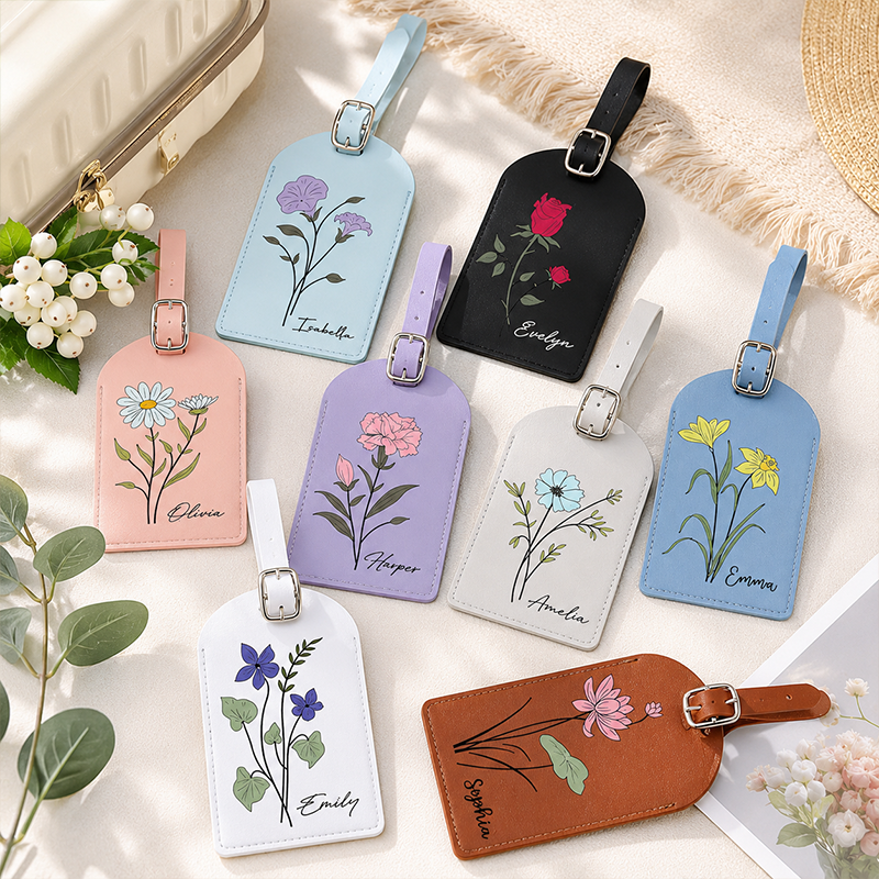 Personalized Vegan Leather Luggage Tag: Birth Flower Pattern