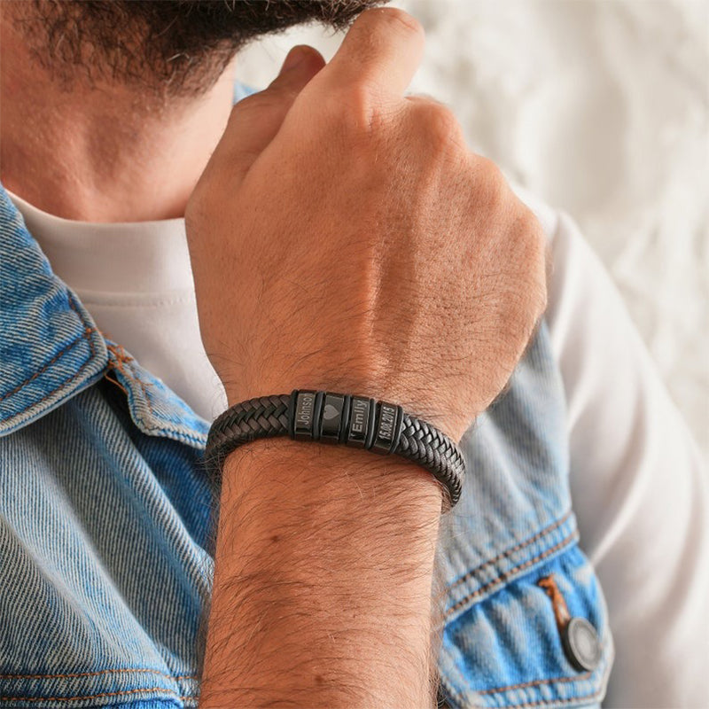 Personalized Mens Bracelet, Handmade Leather Beaded Jewelry with Kids Names