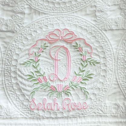 Baby Girl Heirloom Quilt, Personalized Floral Crest Embroidered Blanket