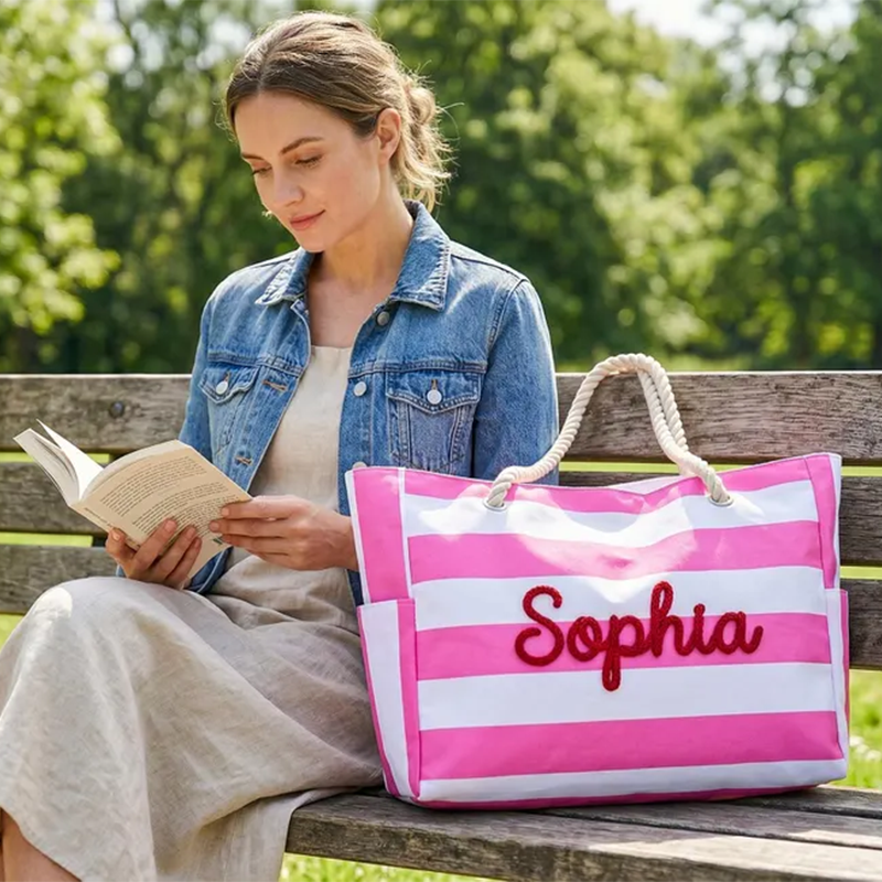Personalized Striped Beach Tote, Custom Oversized Beach Bag