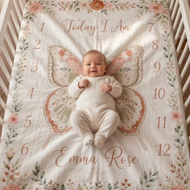 Personalized Butterfly Baby Milestone Blanket, Floral Baby Shower Gift