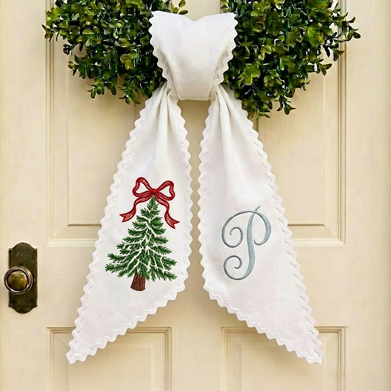 Personalized Christmas Bow Tree Wreath Sash, Monogram Letter