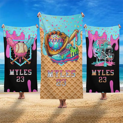 Custom Baseball Drip Beach Towel,ersonalized Ice Cream Drip Baseball Beach Towel