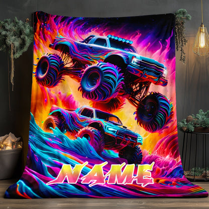 Custom Name Monster Truck Flannel Blanket - Vibrant Oil Painting Design