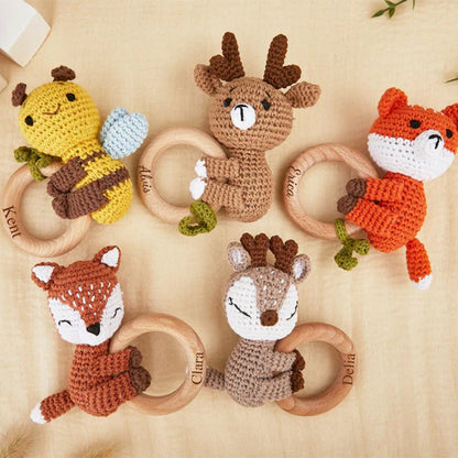 Personalized Crochet Animal Baby Rattle: Engraved Zelkova Wood