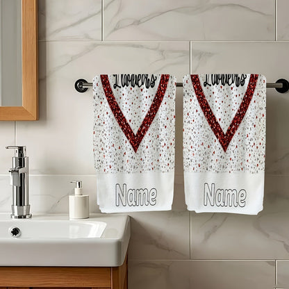 2pcs Personalized Red & White Glitter Heart-Shaped Towels with Custom Name