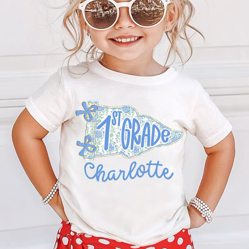 Personalized 1st Grade Shirt for Girls, Floral Pennant Back to School Shirt