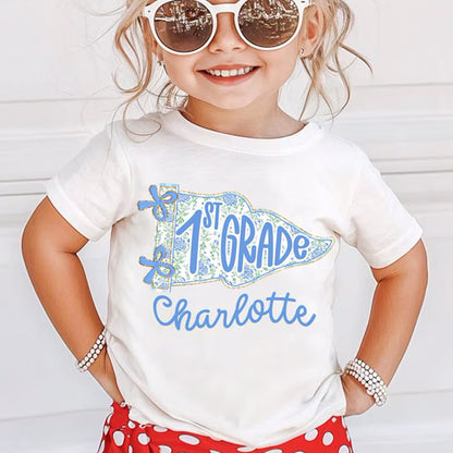 Personalized 1st Grade Shirt for Girls, Floral Pennant Back to School Shirt