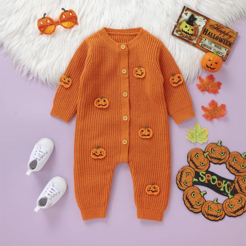 Custom Name Back Baby Halloween Romper, 3D Pumpkin Knit Jumpsuit
