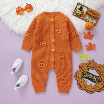 Custom Name Back Baby Halloween Romper, 3D Pumpkin Knit Jumpsuit