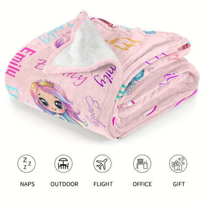 Custom Name Personalized Blanket, Cute Little Mermaid Cartoon