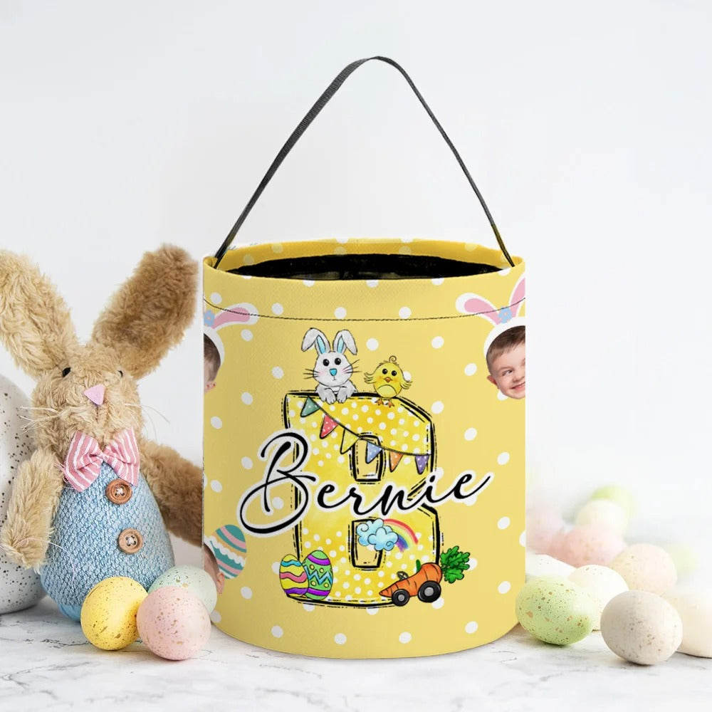 Personalized Cute Bunny Initial Portrait Photo Design Reusable Easter Basket