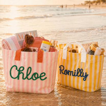 Personalized Water Resistant PVC Beach Tote, Custom Rope Name Poolside Carryall