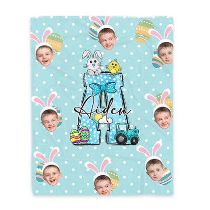 Personalized Colorful Polka Dot Bunny Chick Initial Face Photos Easter Blanket Gift for Kids