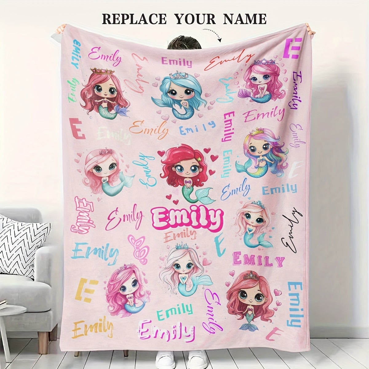 Custom Name Personalized Blanket, Cute Little Mermaid Cartoon