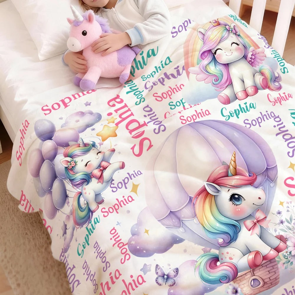 Personalized Cute Stars Rainbow Fantasy Unicorn Soft Throw Blanket with Name