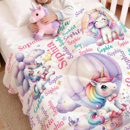 Personalized Cute Stars Rainbow Fantasy Unicorn Soft Throw Blanket with Name