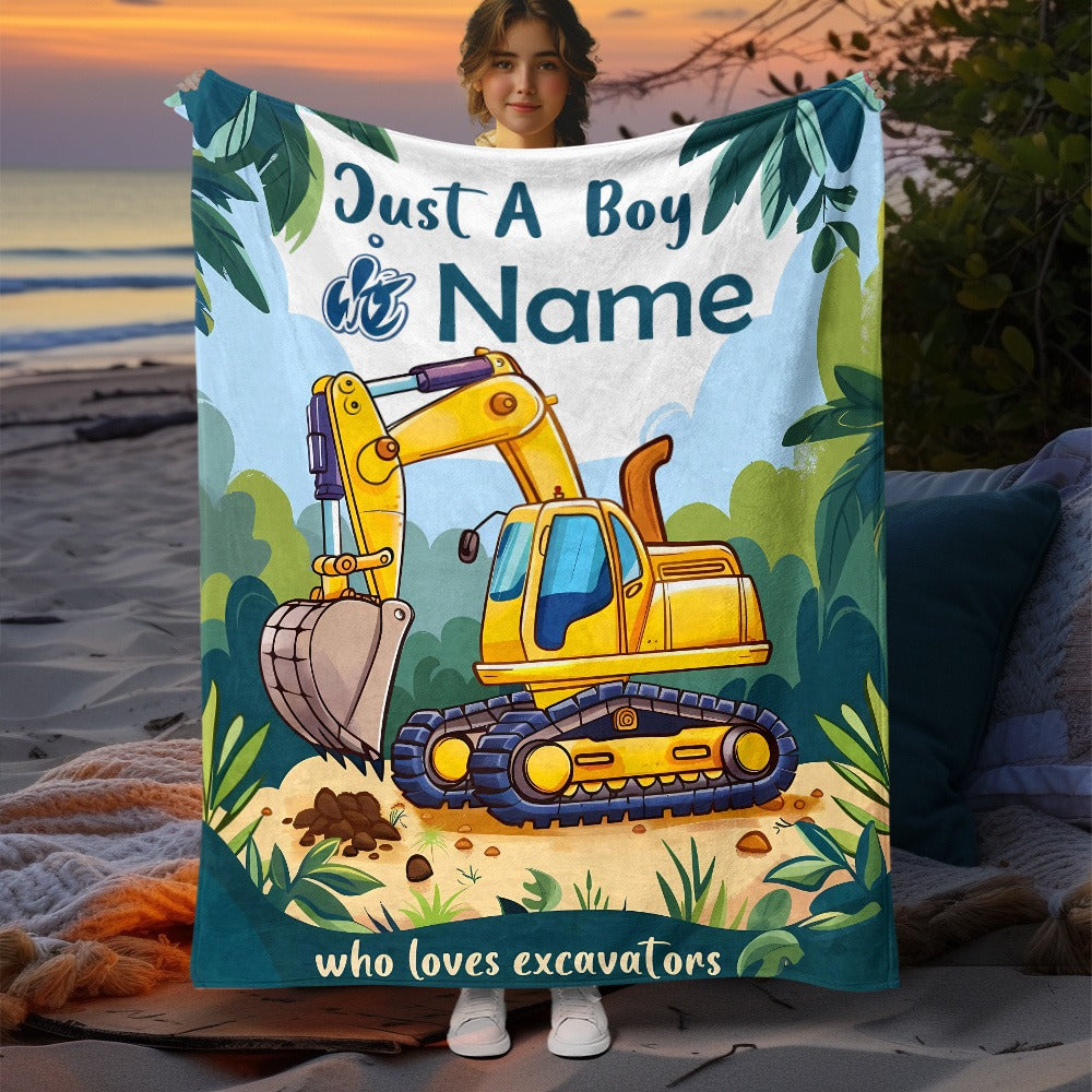 Personalized Cartoon Excavator Flannel Throw Blanket