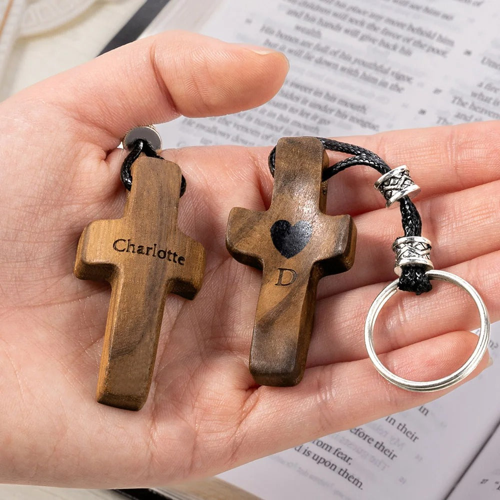 Personalized Wooden Cross Heart Keychain