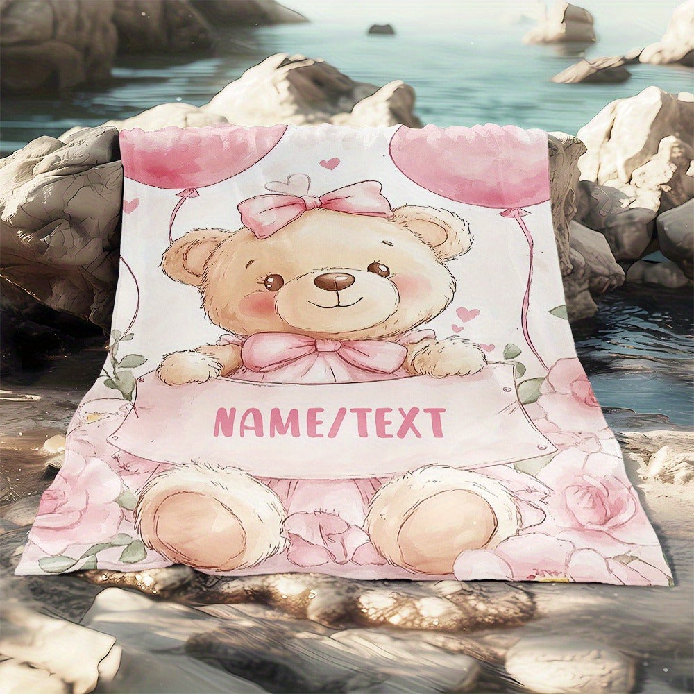 Custom Blankets Cute Pink Teddy Bear with Personalized Name