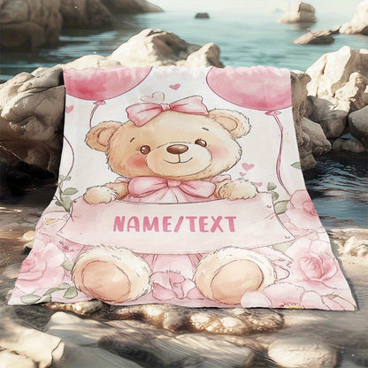 Custom Blankets Cute Pink Teddy Bear with Personalized Name