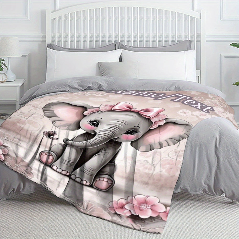 Custom 1pc Custom Name, Cute Elephant Pattern HD Print Blanket