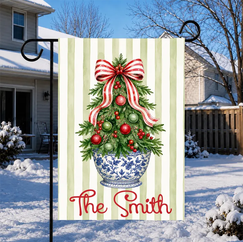 Striped Christmas Tree Flag Personalized Garden Flag Holiday Decor Custom Family Name