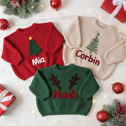 Hand-Embroidered Baby Christmas Sweater, Toddler Holiday Sweater