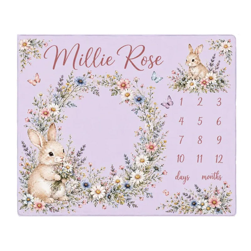 Personalized Bunny Floral Milestone Blanket, Customized Baby Month Flowers Blanket