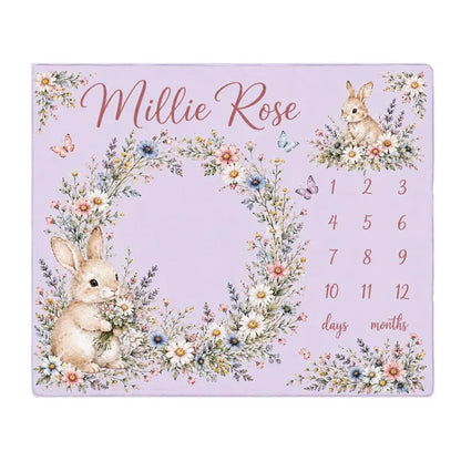 Personalized Bunny Floral Milestone Blanket, Customized Baby Month Flowers Blanket