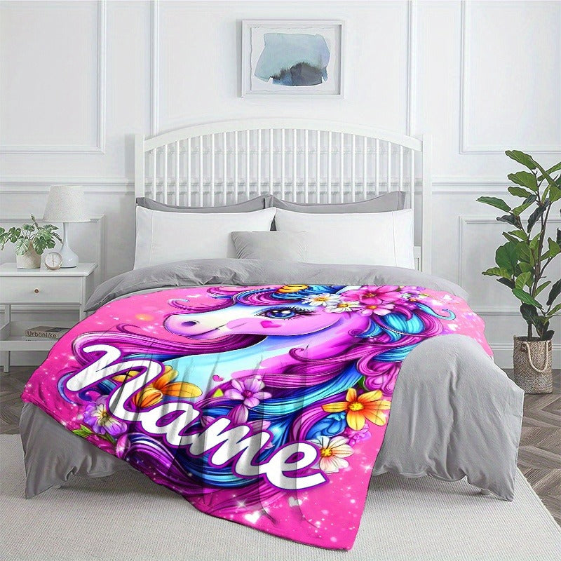 Personalized Name Lovely Dazzling Flower Unicorn Print Portable Blanket