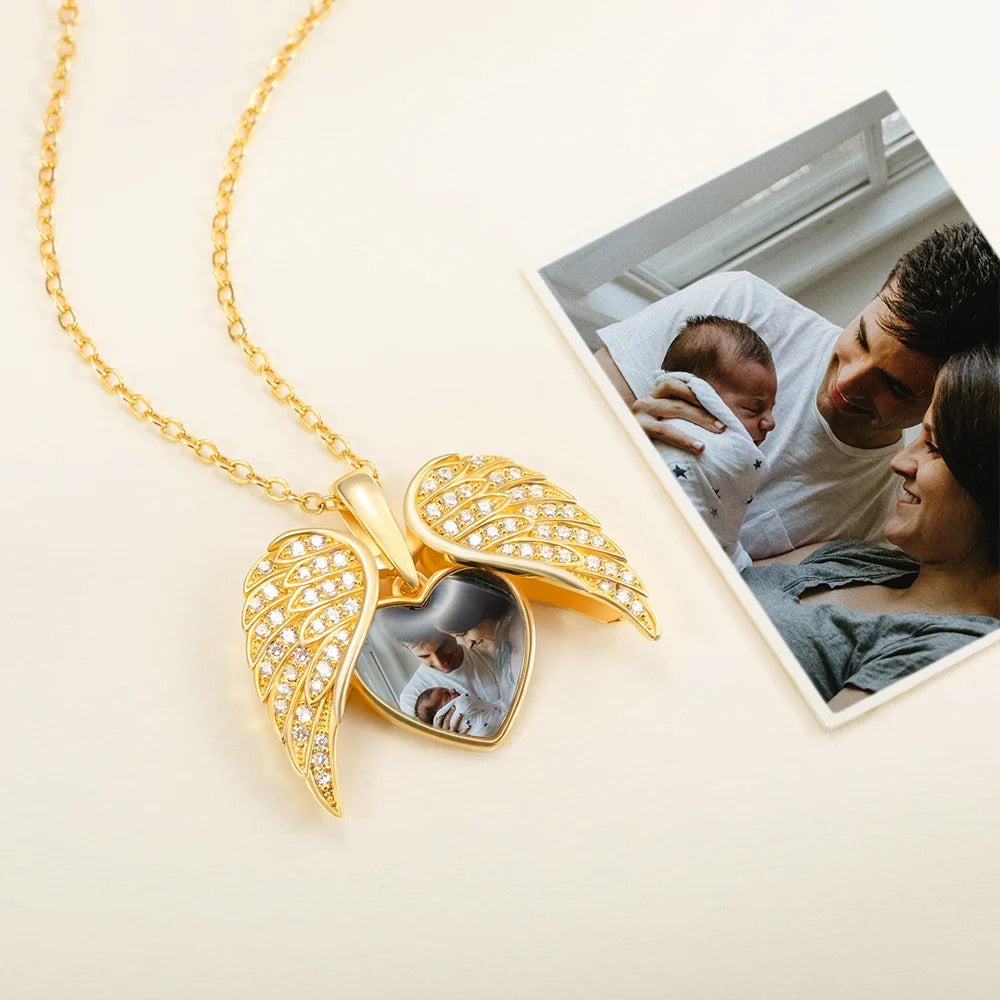Personalized  Angel Wing Photo Locket Necklace