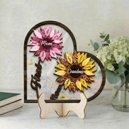 Custom First Mom Now Grandma Sign, Personalized Kid's Name SunFlower Wooden Art