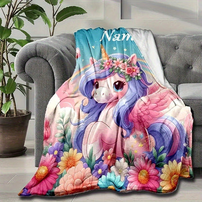 Creative Cartoon Unicorn Butterfly Floral Pattern Text Custom Flannel Print Blanket