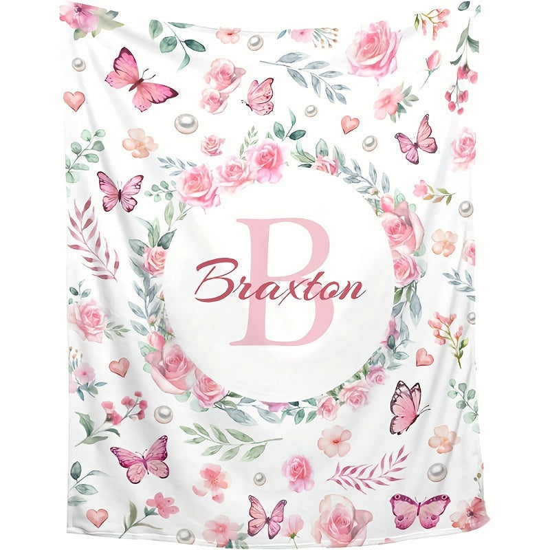 Personalized Butterfly and Floral Print Blanket
