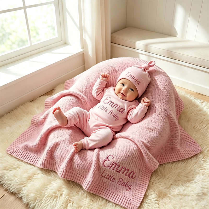 Embroidered Baby Girl Name Outfit Set, Cotton Blanket Romper Hat Set