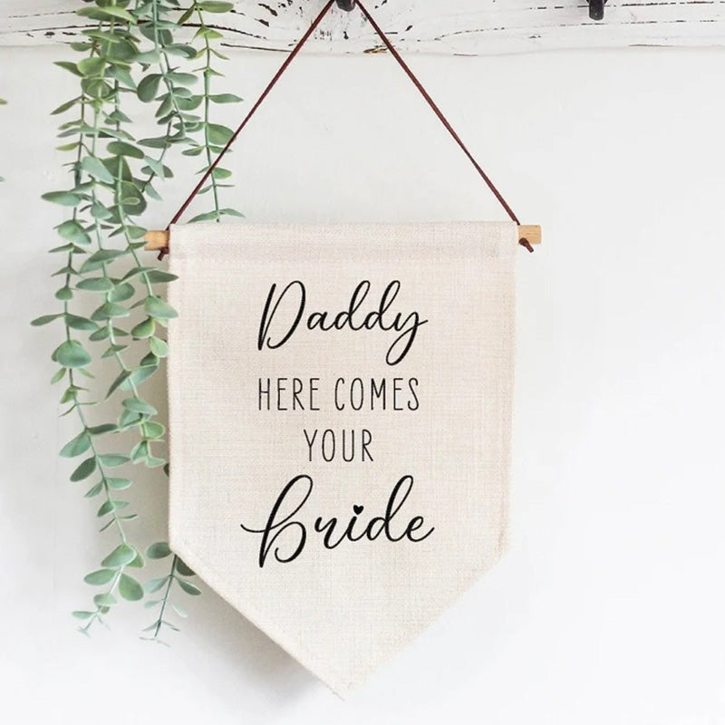 Personalised Here Comes Your Bride Wedding Linen Style Flag Banner Sign