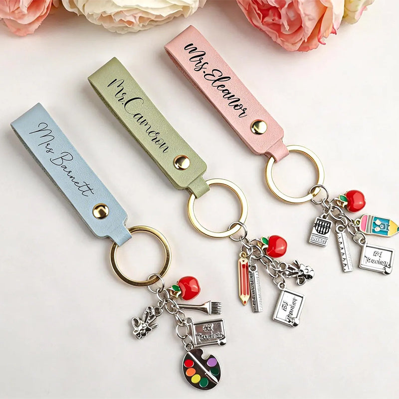 Personalized Teacher Keychain,Teacher Appreciation Gift,Custom Name Leather Keychain
