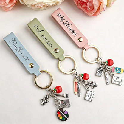 Personalized Teacher Keychain,Teacher Appreciation Gift,Custom Name Leather Keychain