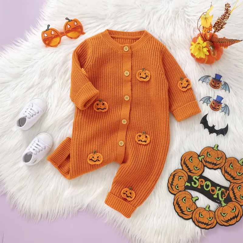 Custom Name Back Baby Halloween Romper, 3D Pumpkin Knit Jumpsuit