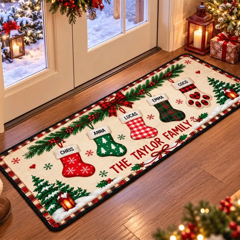 Personalized Christmas Family Runner Rug, Custom Holiday Hallway Carpet